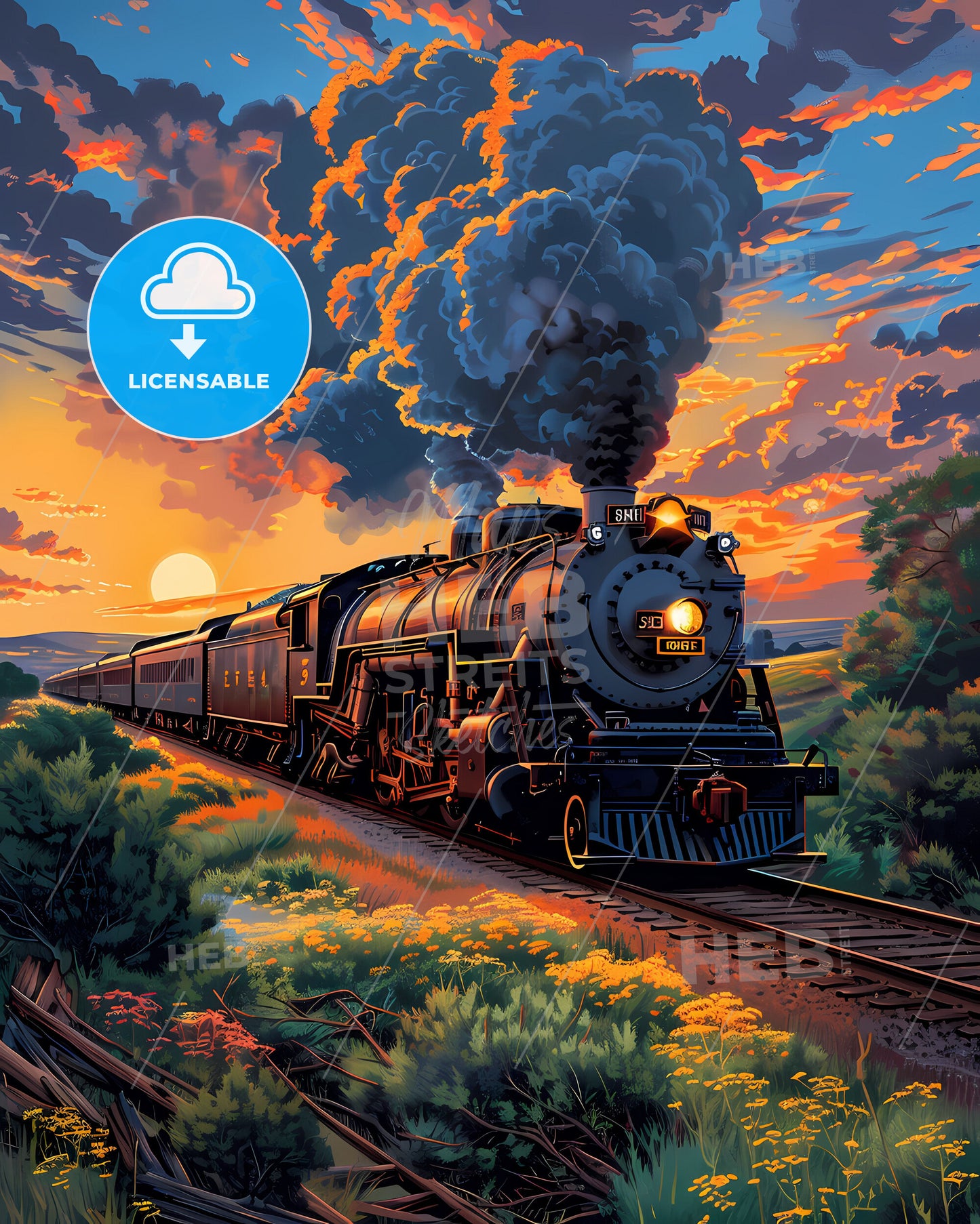 Art Deco-inspired Painting: Train on Tracks with Billowing Smoke, Kansas, USA