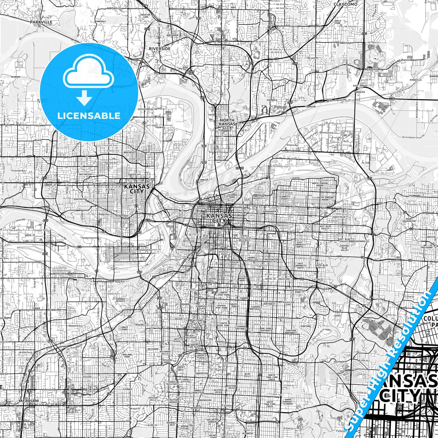 Kansas City, Missouri light map with streetnames, citynames and districts