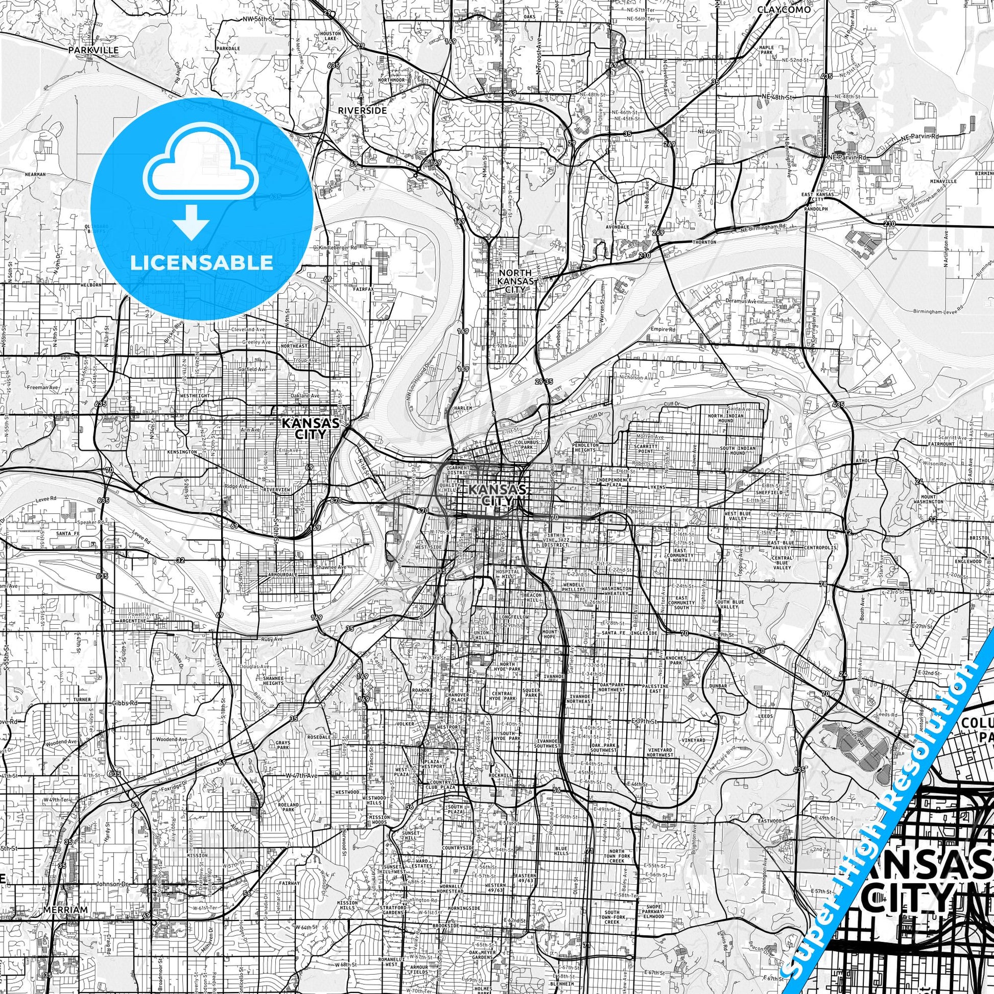 Kansas City, Missouri light map with streetnames, citynames and districts