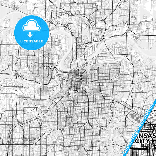 Kansas City, Missouri light map with streetnames, citynames and districts