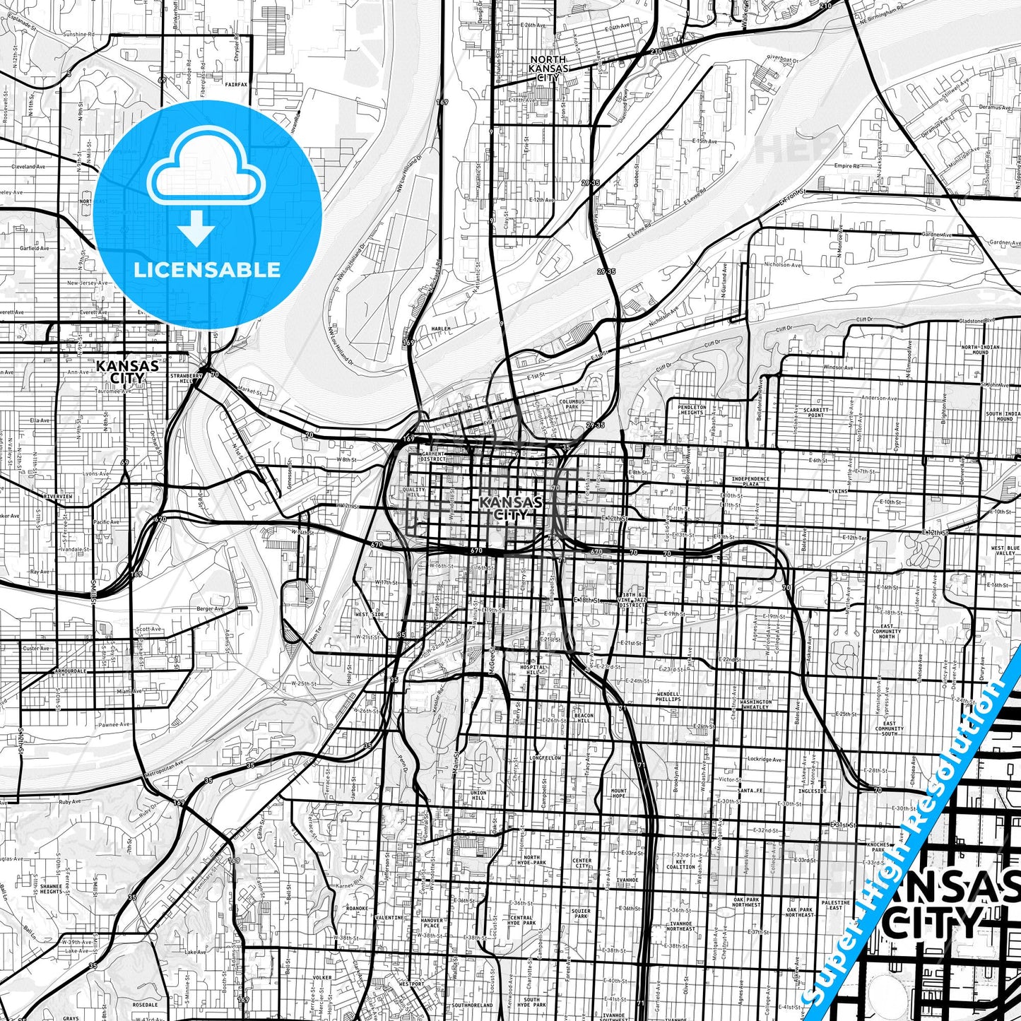 Kansas City, Missouri Light Map with Street Names, City Names, and Districts