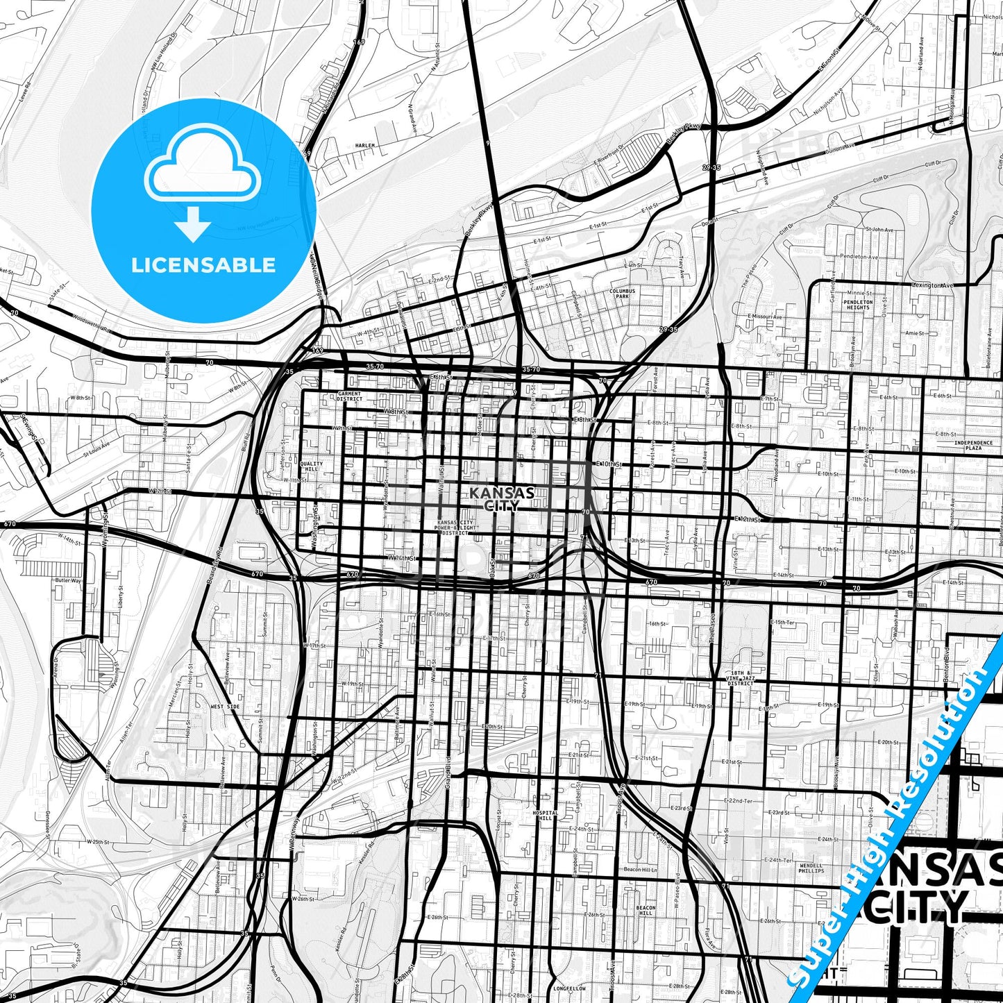Kansas City, Missouri Light Map with Street Names, City Names, and Districts