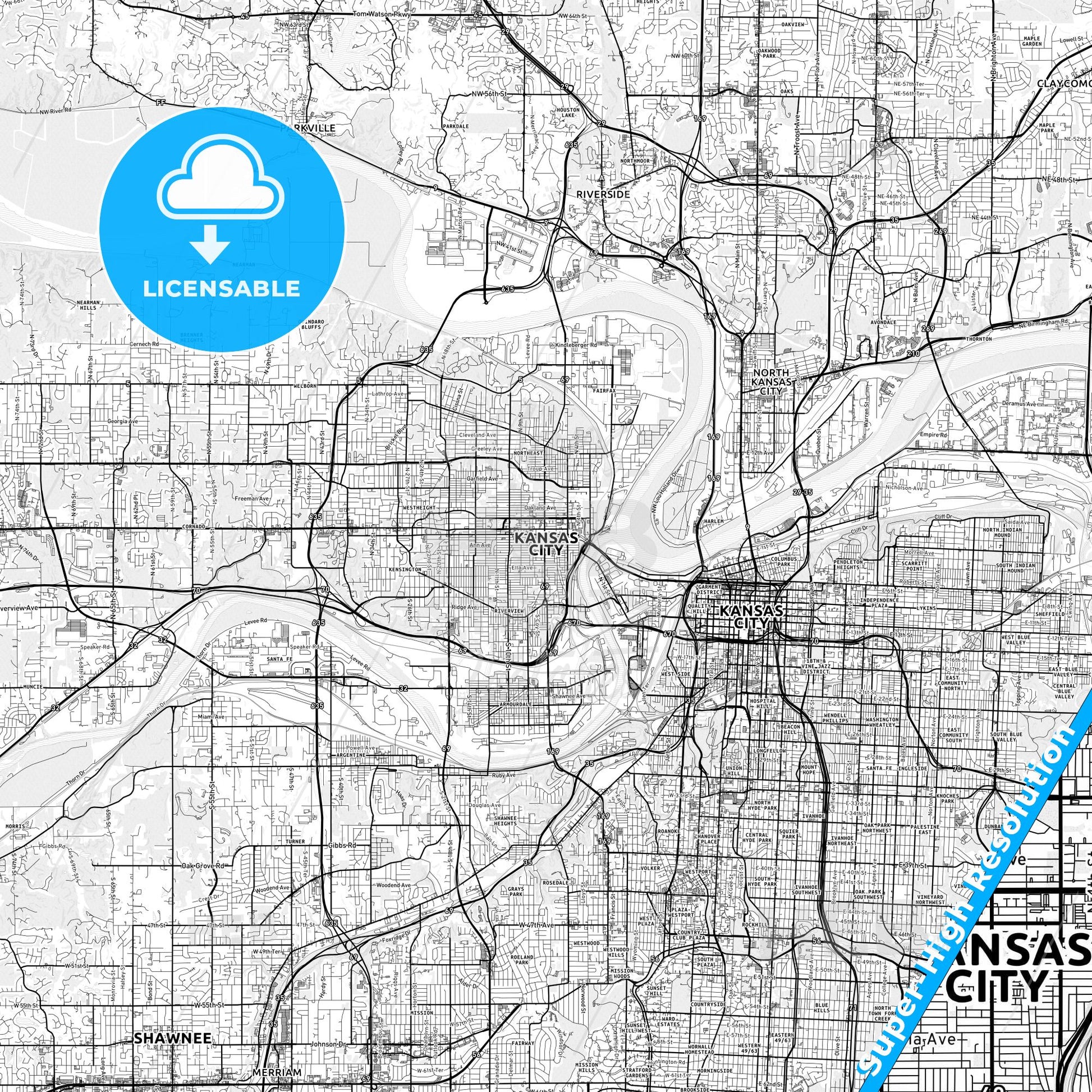 Kansas City, Kansas light map with streetnames, citynames and districts