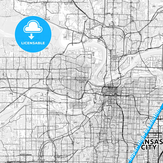 Kansas City, Kansas light map with streetnames, citynames and districts