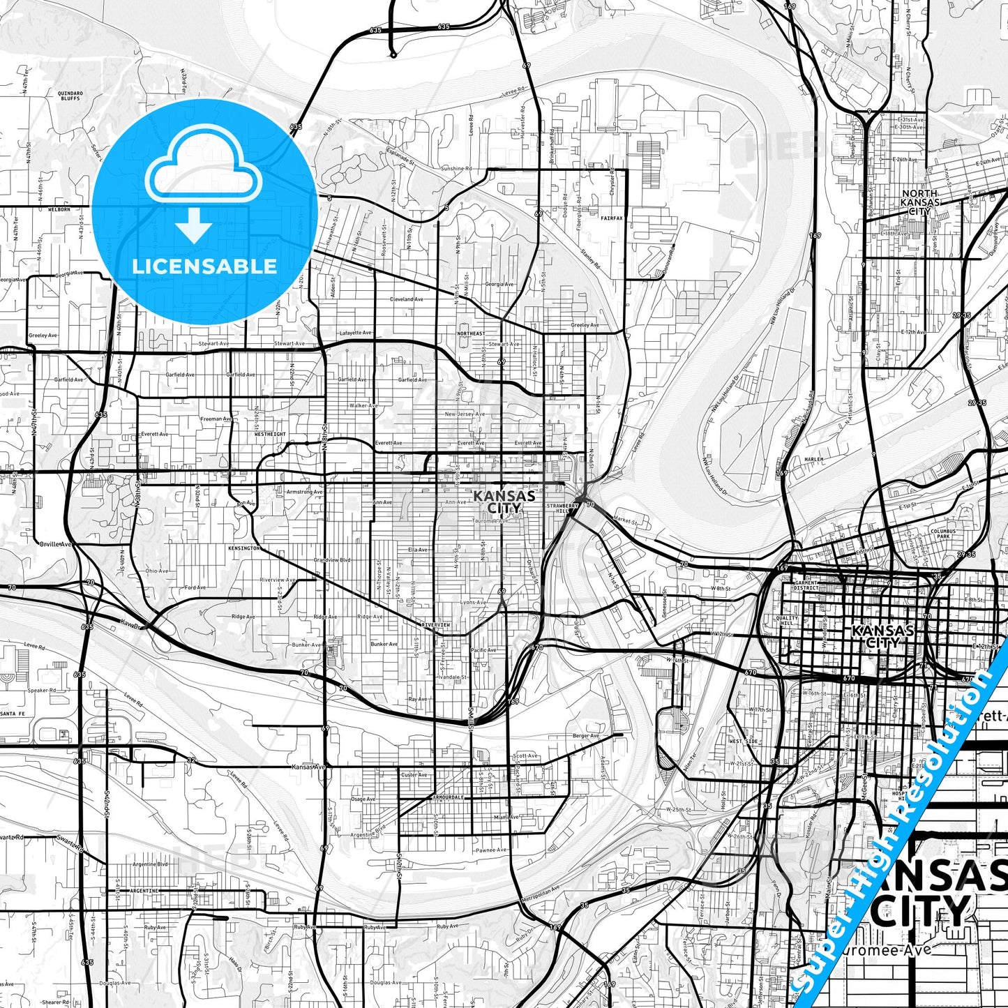Kansas City, Kansas Light Map with Street Names, City Names, and Districts