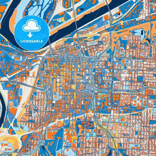 Colorful Kansas City Street Map with Labels and Buildings