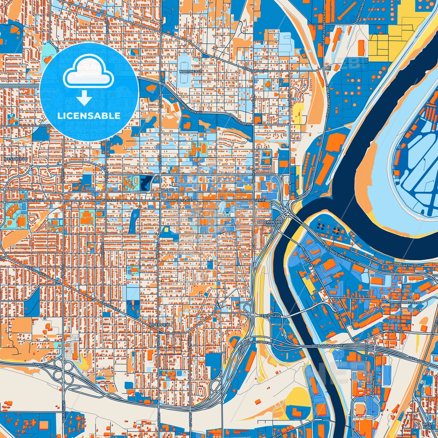 Colorful Kansas City Street Map with Labels and Buildings