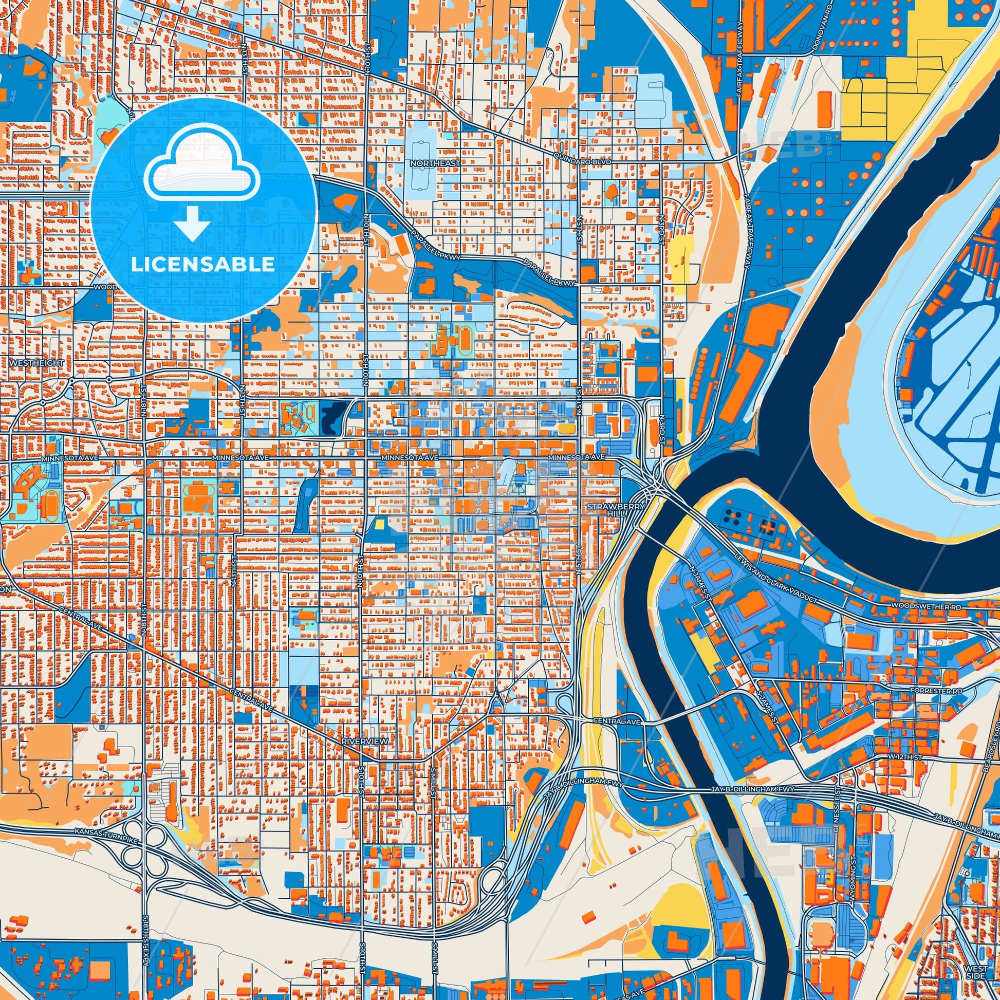 Colorful Kansas City Street Map with Labels and Buildings