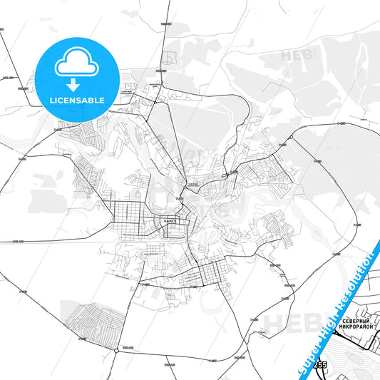 Kansk, Russia light map with streetnames, citynames and districts