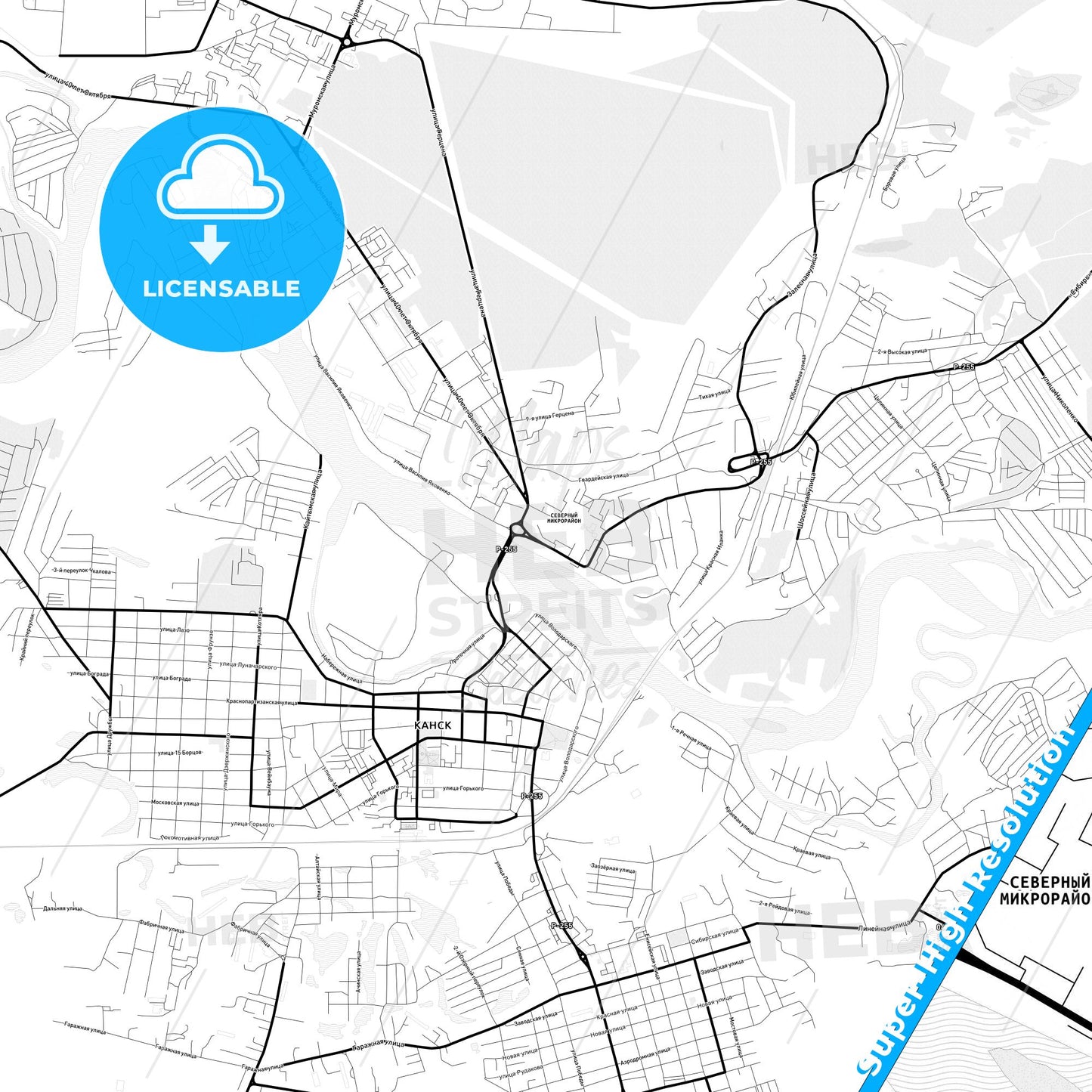Kansk, Russia Light Map with Street Names, City Names, and Districts