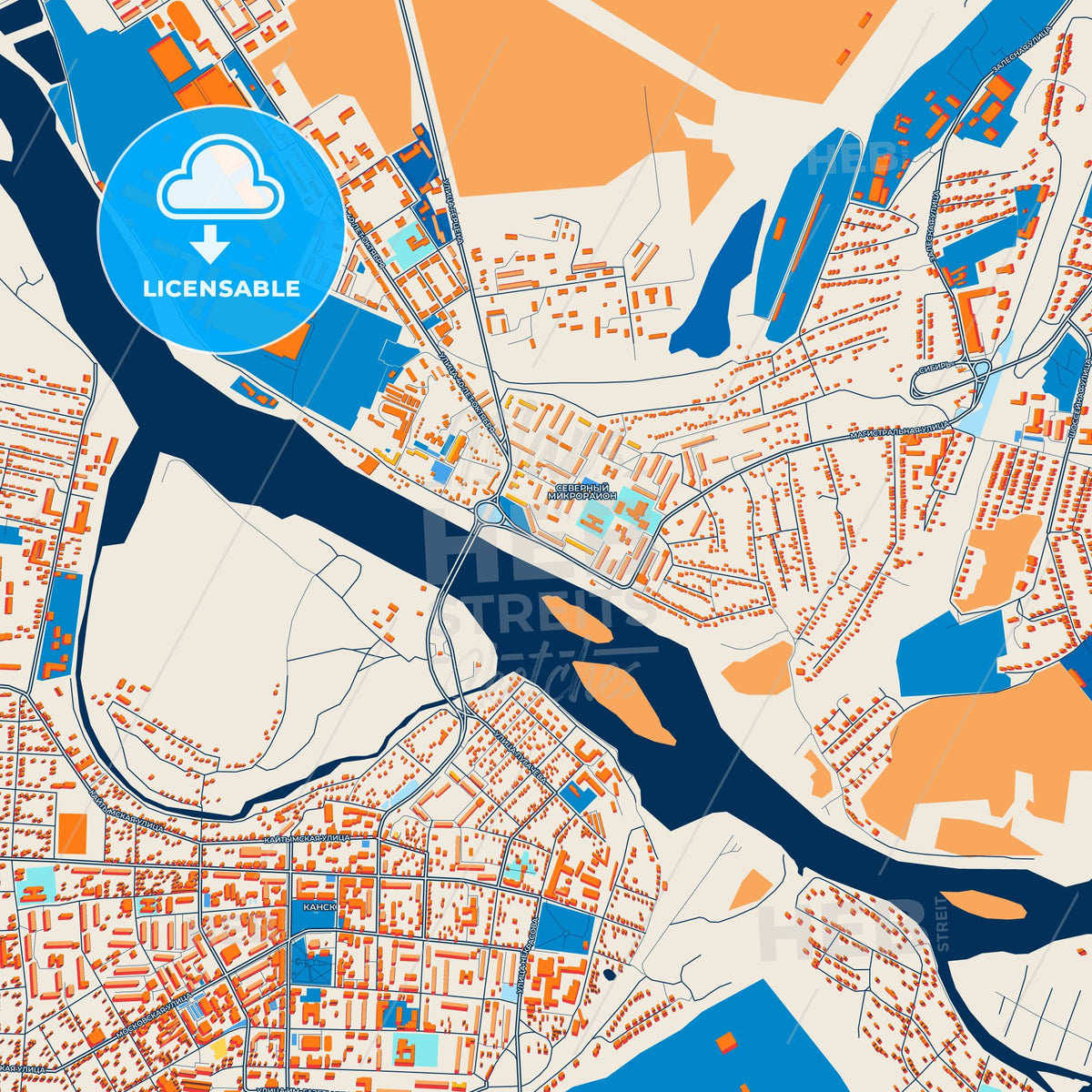 Colorful Kansk Street Map with Labels and Buildings