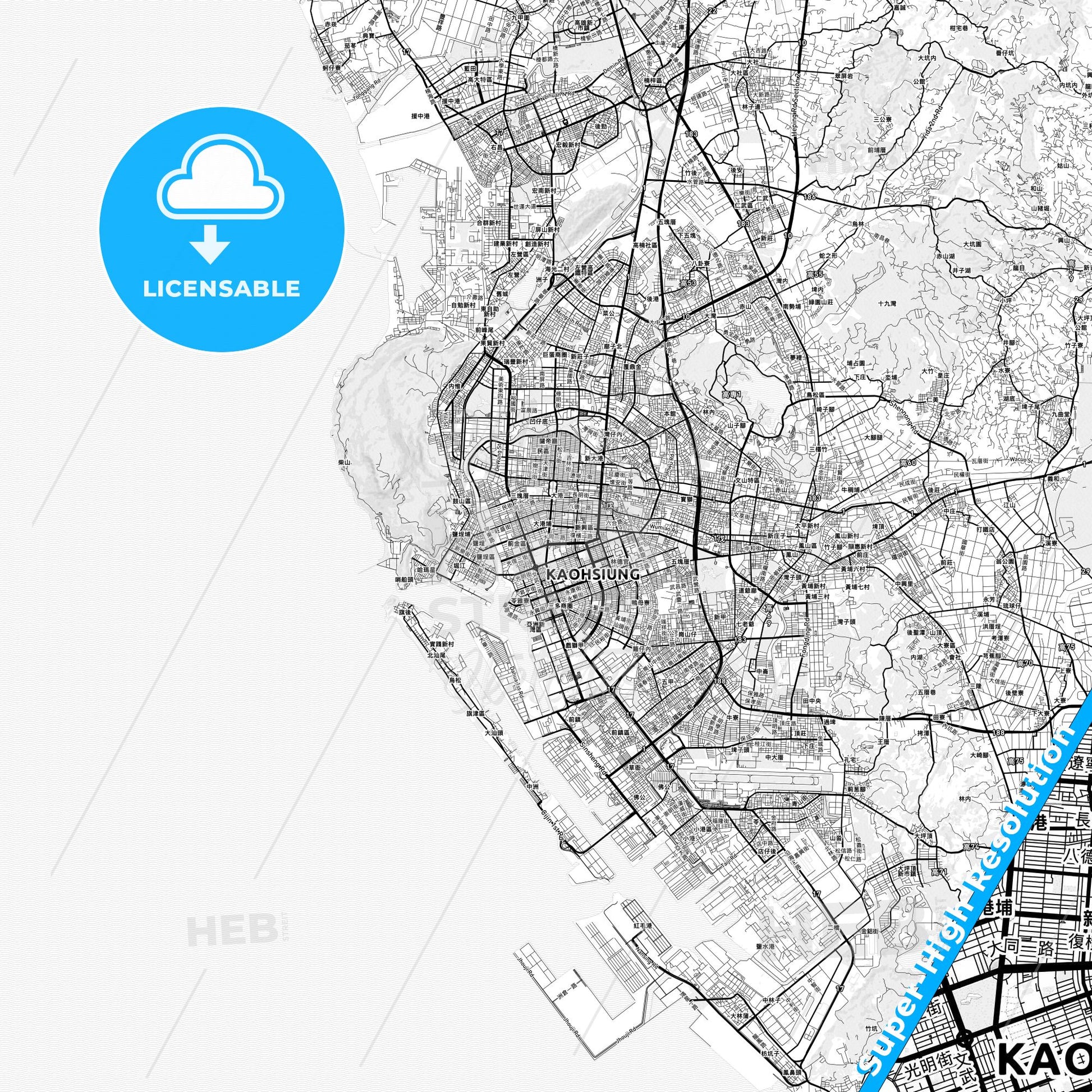 Kaohsiung, Taiwan light map with streetnames, citynames and districts