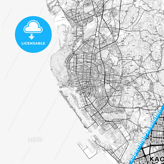 Kaohsiung, Taiwan light map with streetnames, citynames and districts