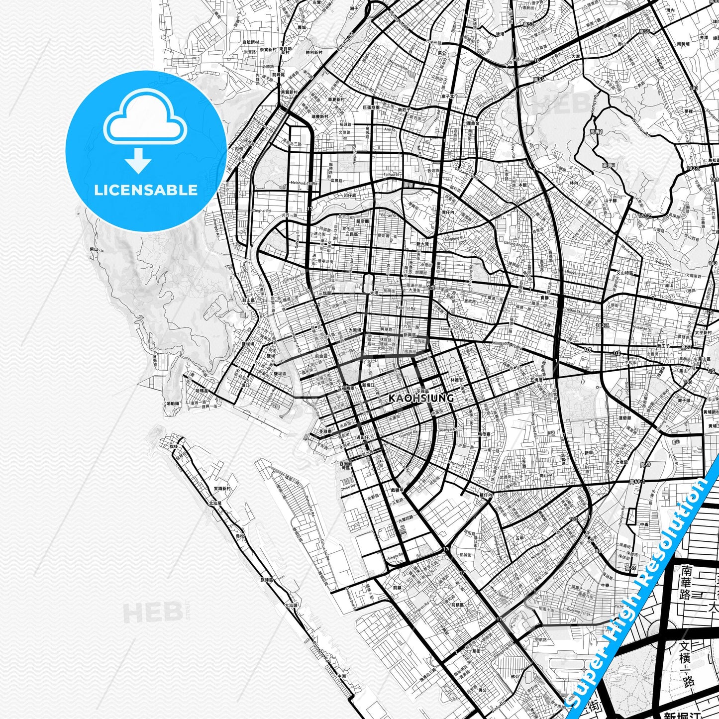 Kaohsiung, Taiwan Light Map with Street Names, City Names, and Districts
