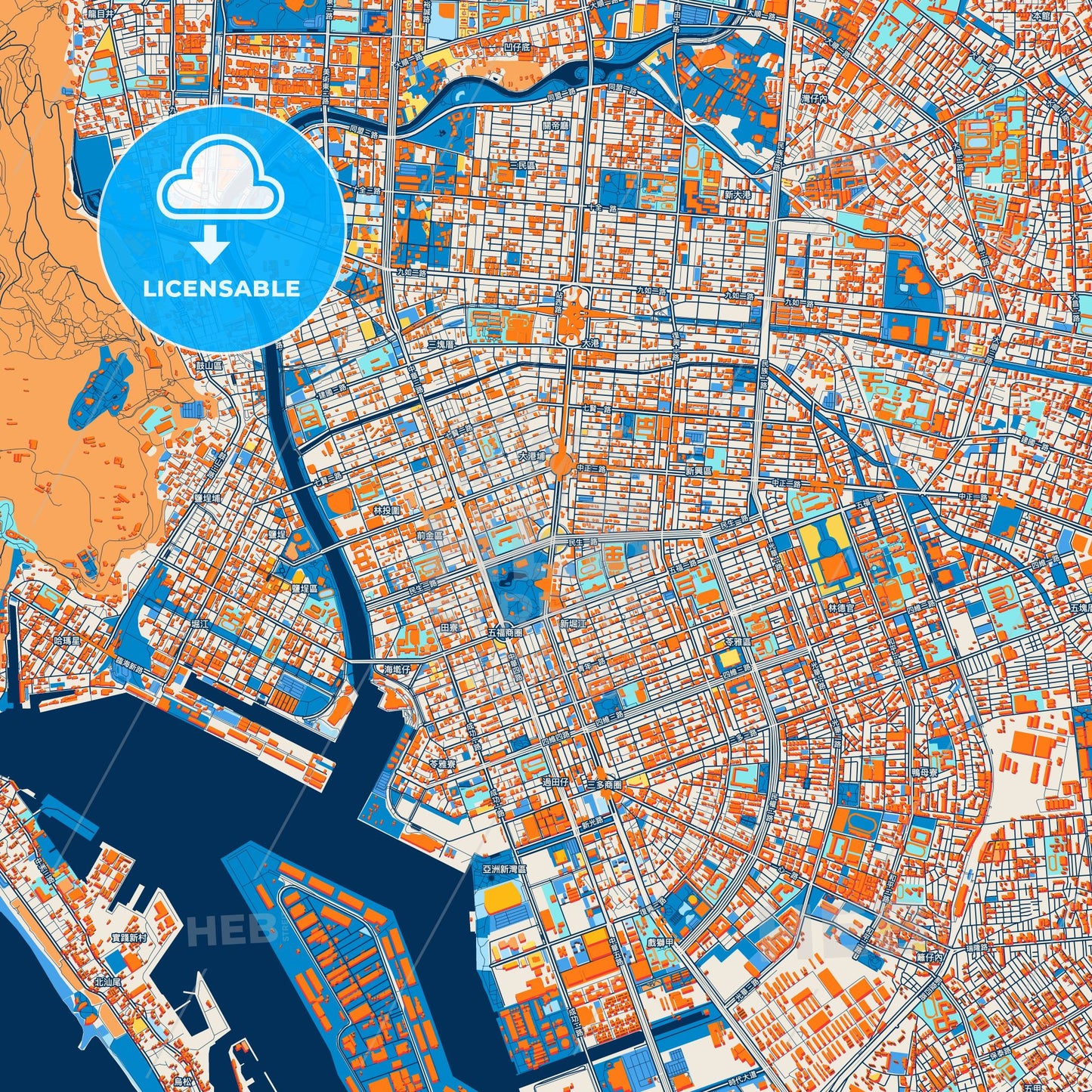 Colorful Kaohsiung Street Map with Labels and Buildings
