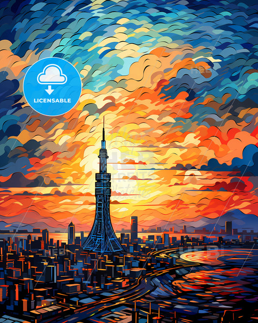Kaohsiung Taiwan City Skyline Colorful Clouds Blue Sky Painting Artistic Digital Art Surreal
