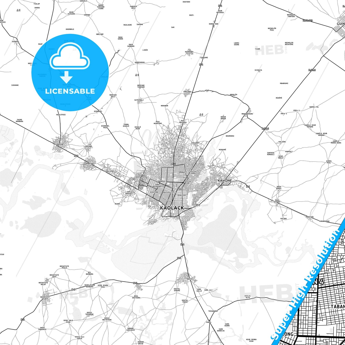 Kaolack, Senegal light map with streetnames, citynames and districts