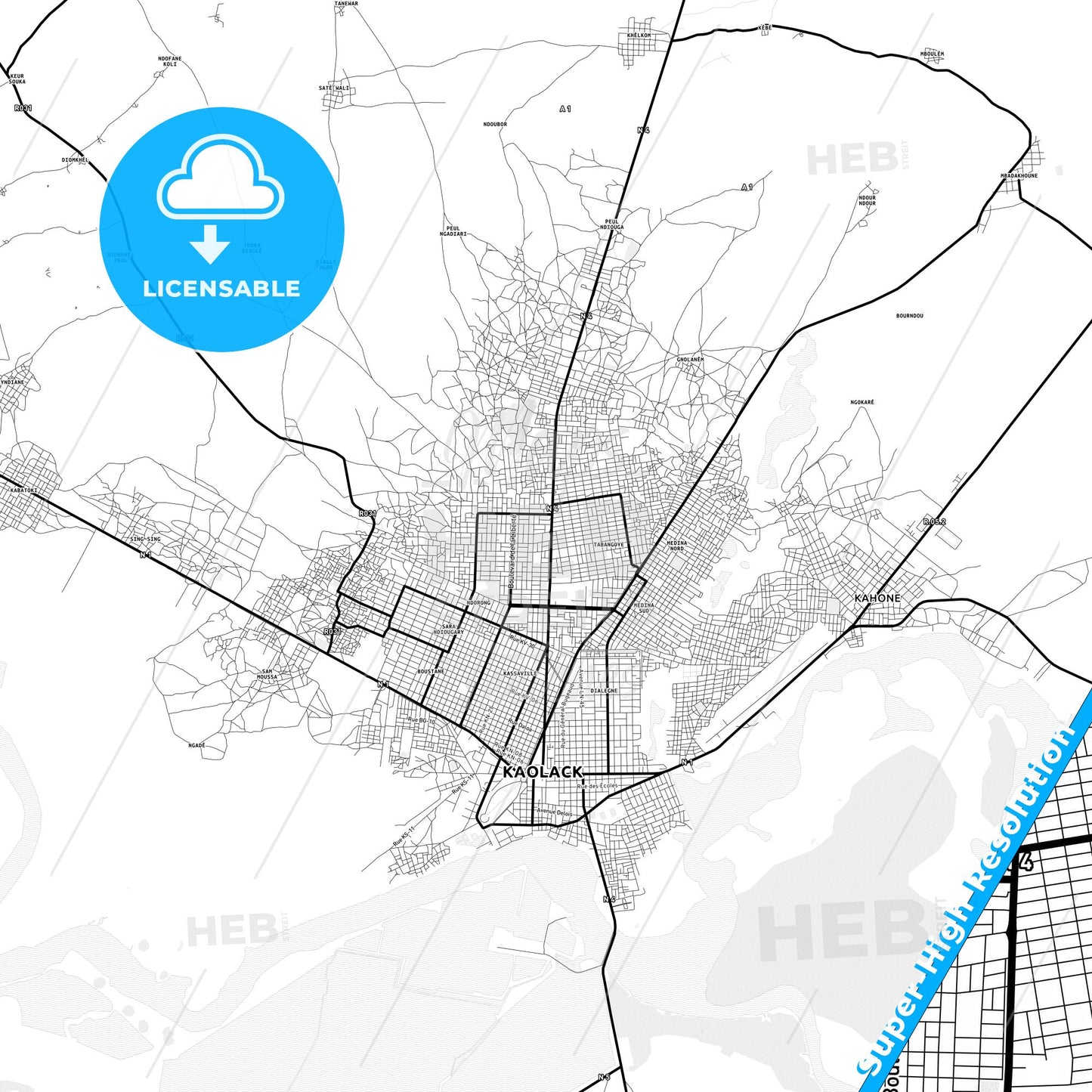 Kaolack, Senegal Light Map with Street Names, City Names, and Districts