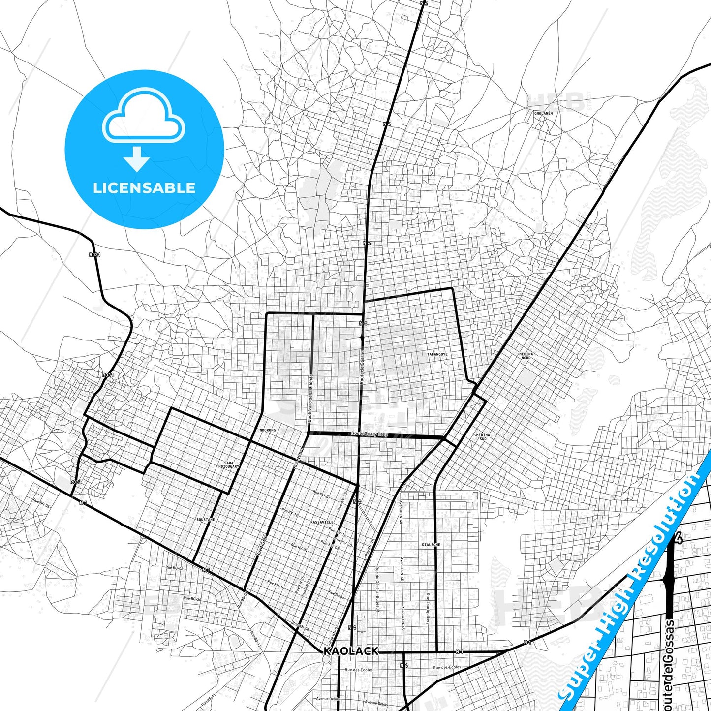 Kaolack, Senegal Light Map with Street Names, City Names, and Districts