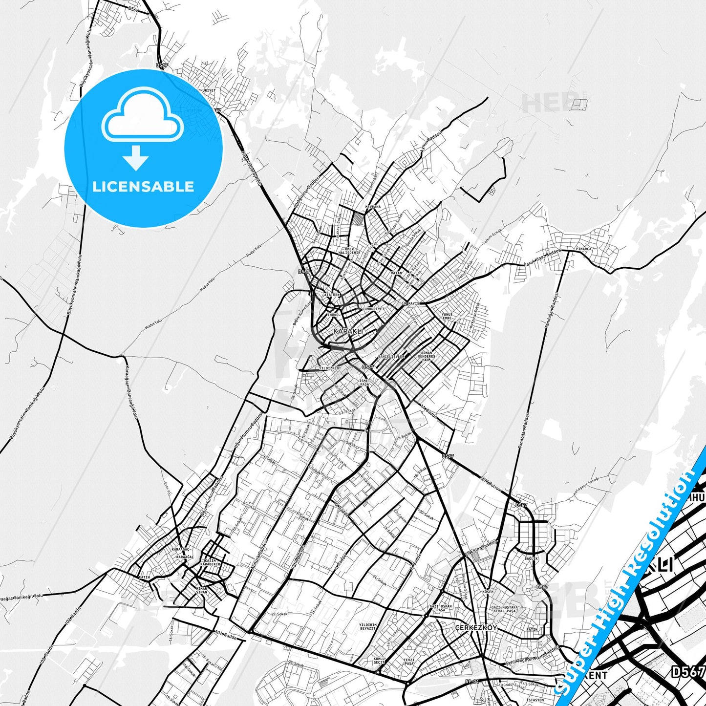 Kapaklı, Turkey Light Map with Street Names, City Names, and Districts