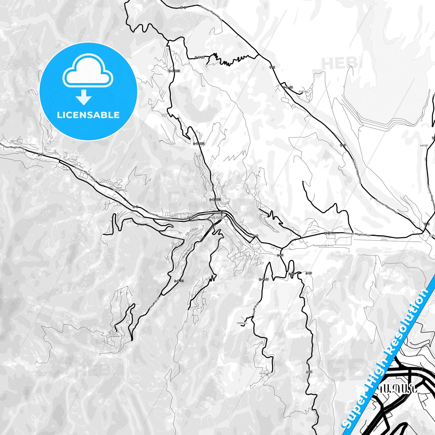 Kapan, Armenia Light Map with Street Names, City Names, and Districts