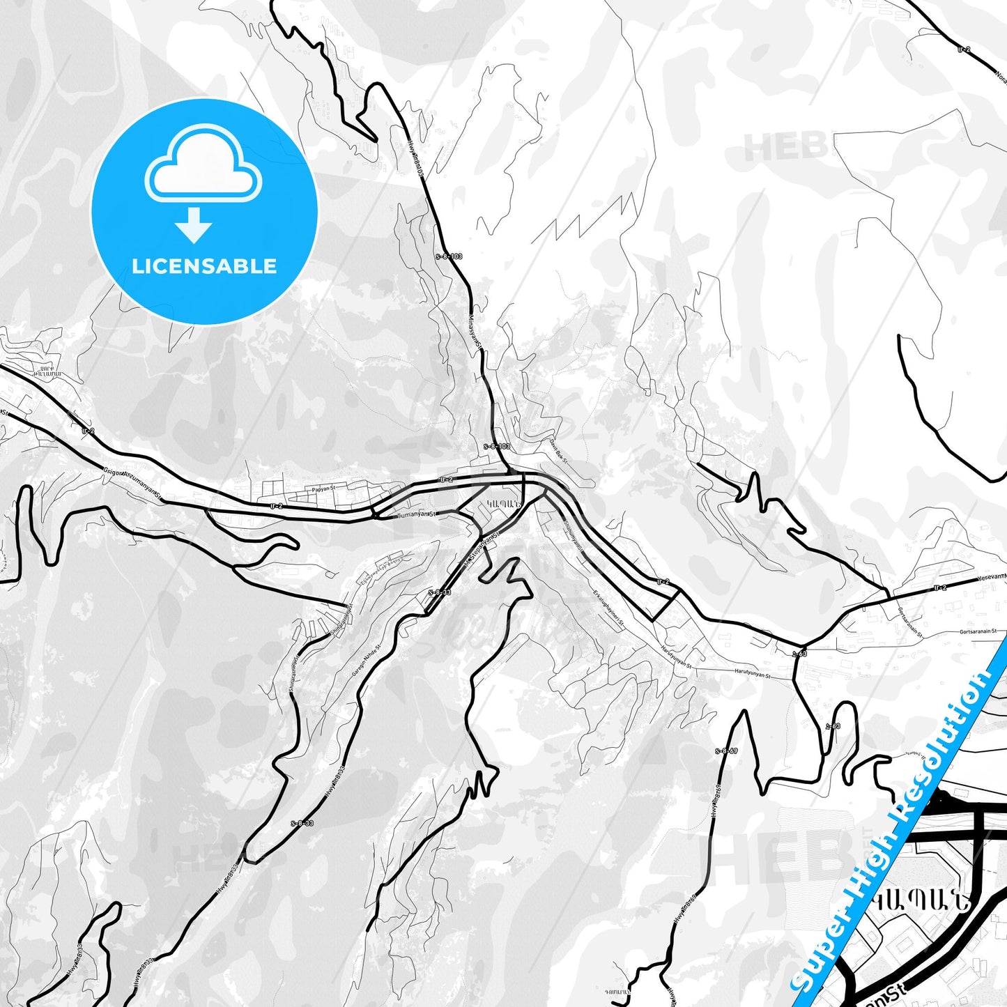 Kapan, Armenia Light Map with Street Names, City Names, and Districts