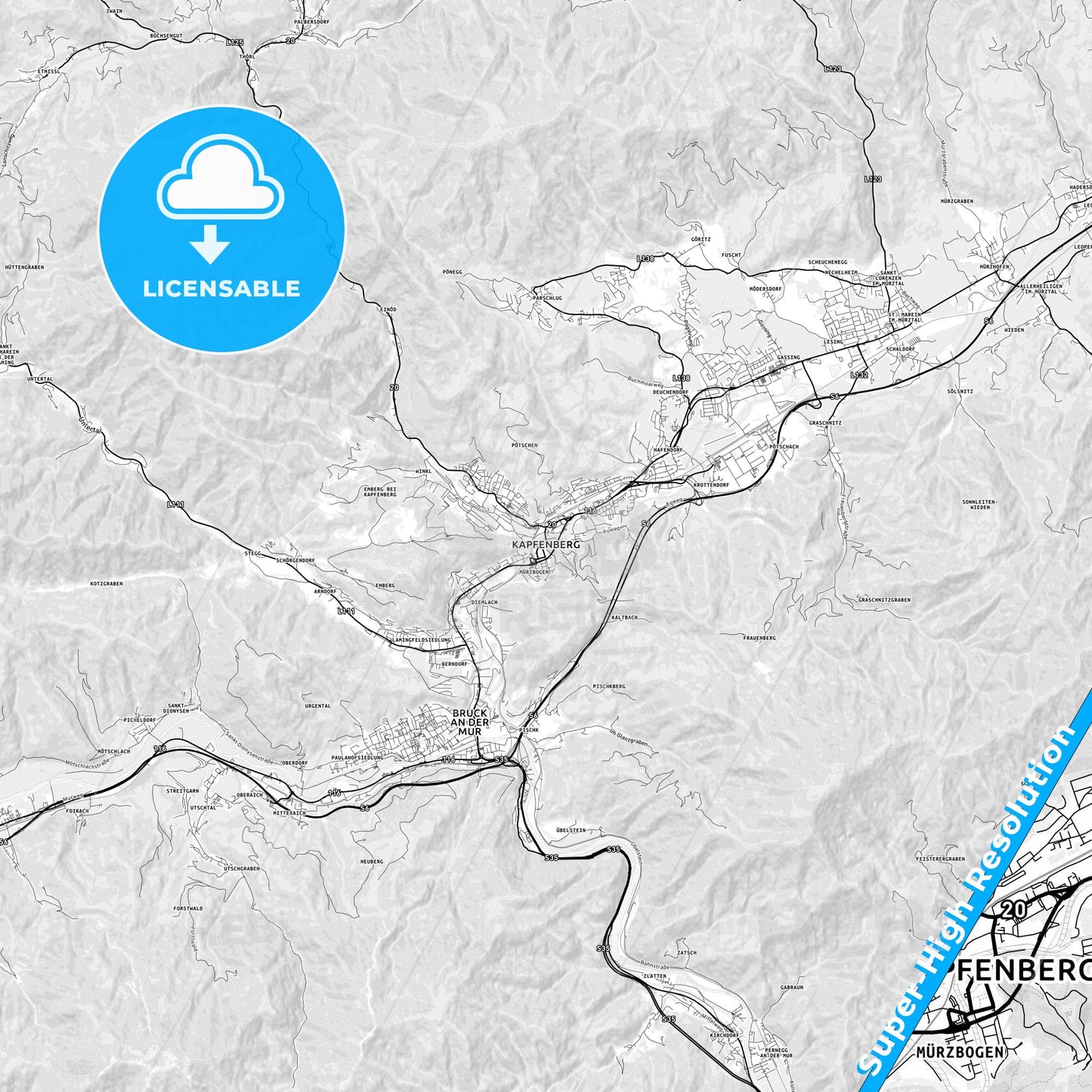 Kapfenberg, Austria light map with streetnames, citynames and districts