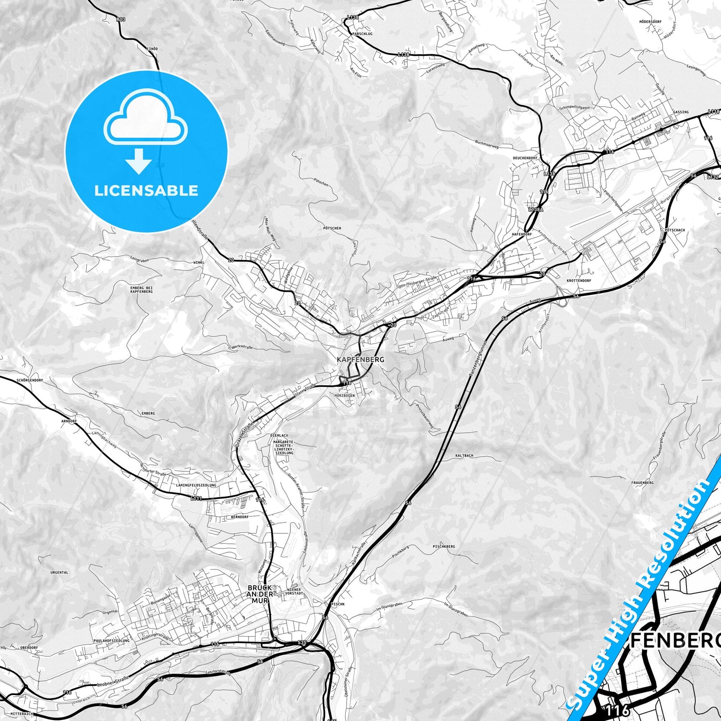Kapfenberg, Austria Light Map with Street Names, City Names, and Districts