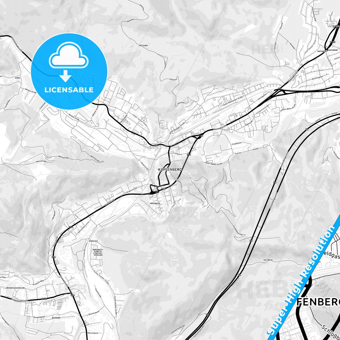 Kapfenberg, Austria Light Map with Street Names, City Names, and Districts