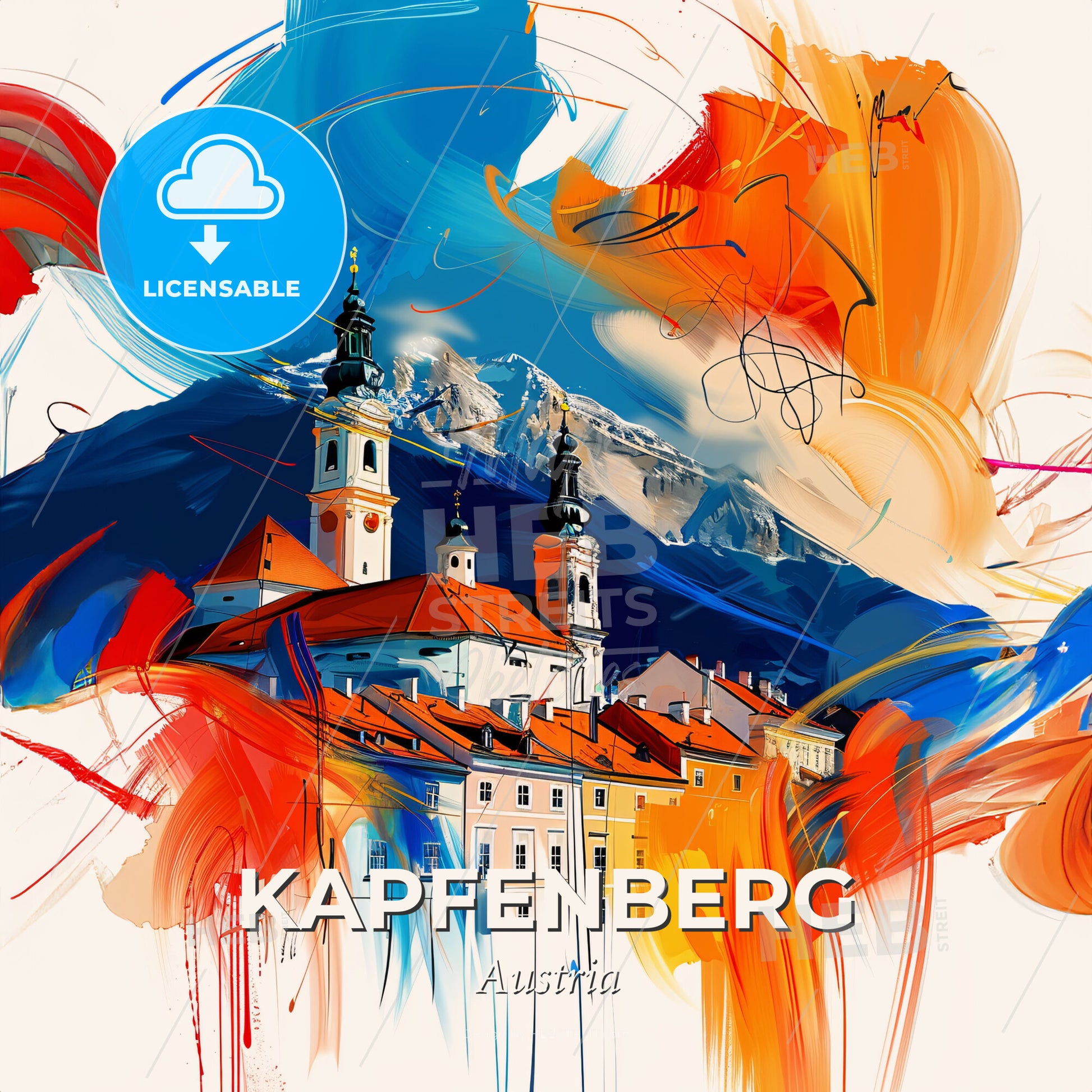 Vibrant Kapfenberg, Austria - A Painting Of A Building With A Mountain In The Background - Square format print template