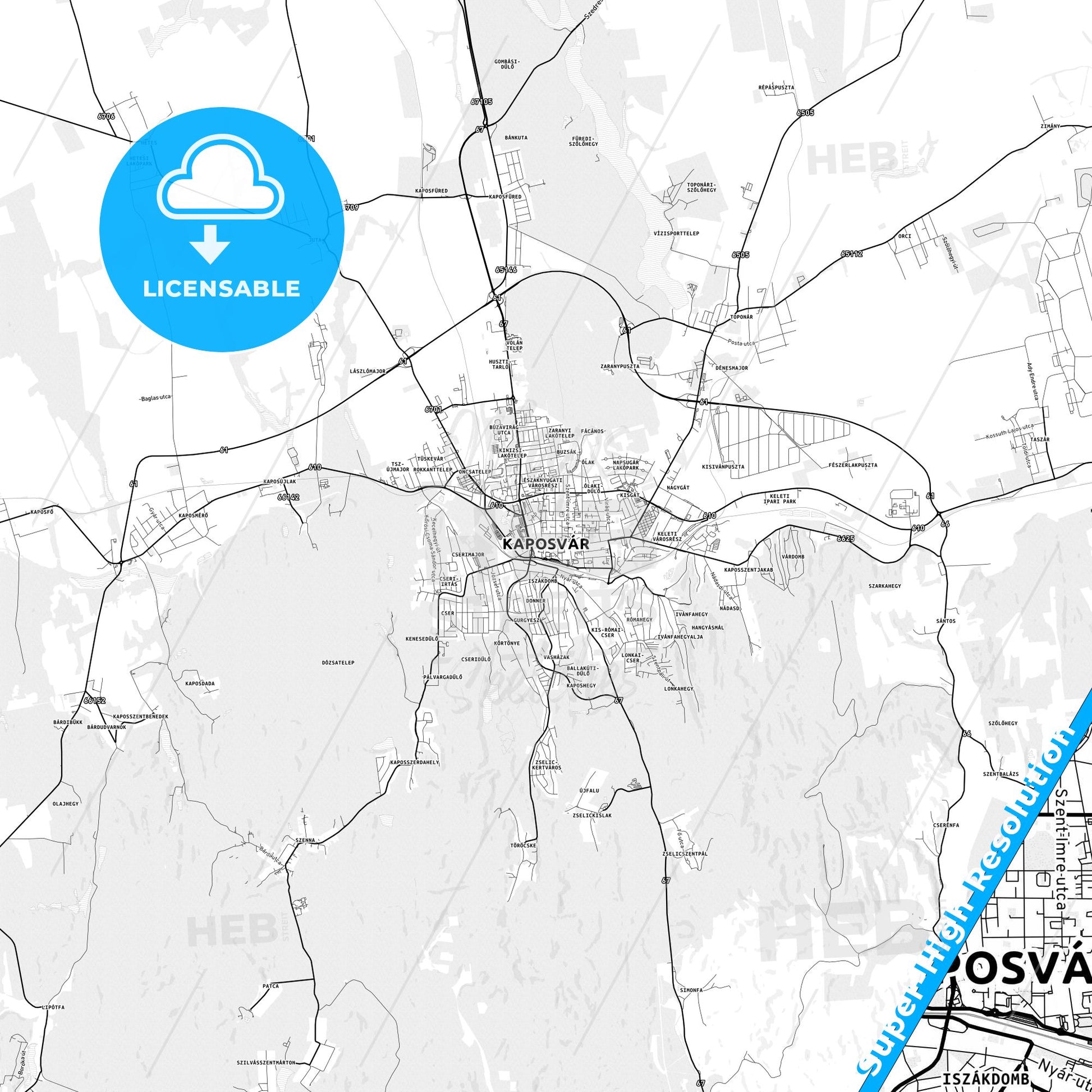 Kaposvár, Hungary light map with streetnames, citynames and districts