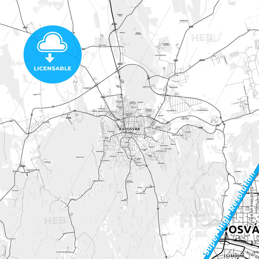 Kaposvár, Hungary light map with streetnames, citynames and districts