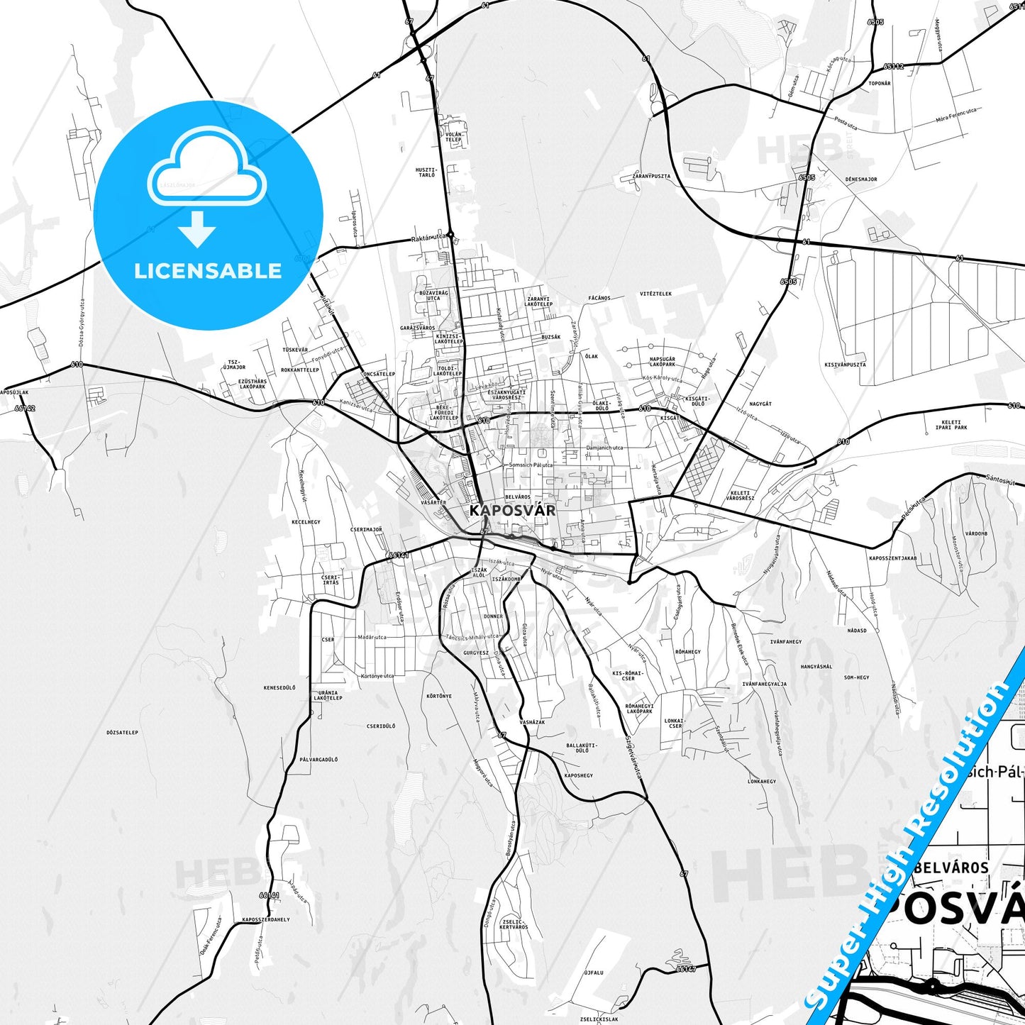 Kaposvár, Hungary Light Map with Street Names, City Names, and Districts