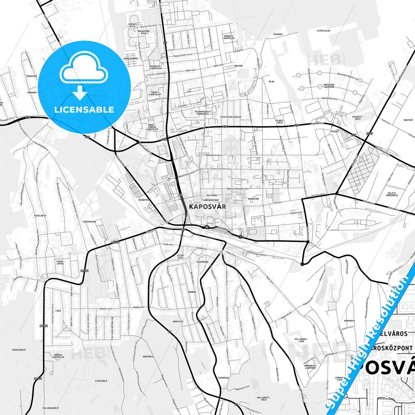 Kaposvár, Hungary Light Map with Street Names, City Names, and Districts