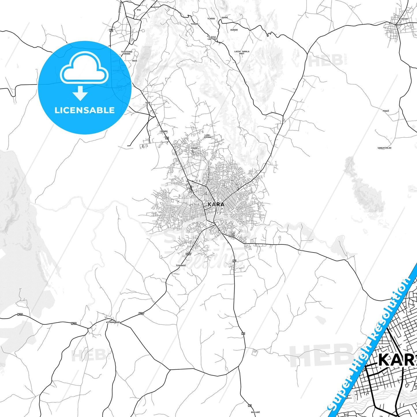 Kara, Togo light map with streetnames, citynames and districts