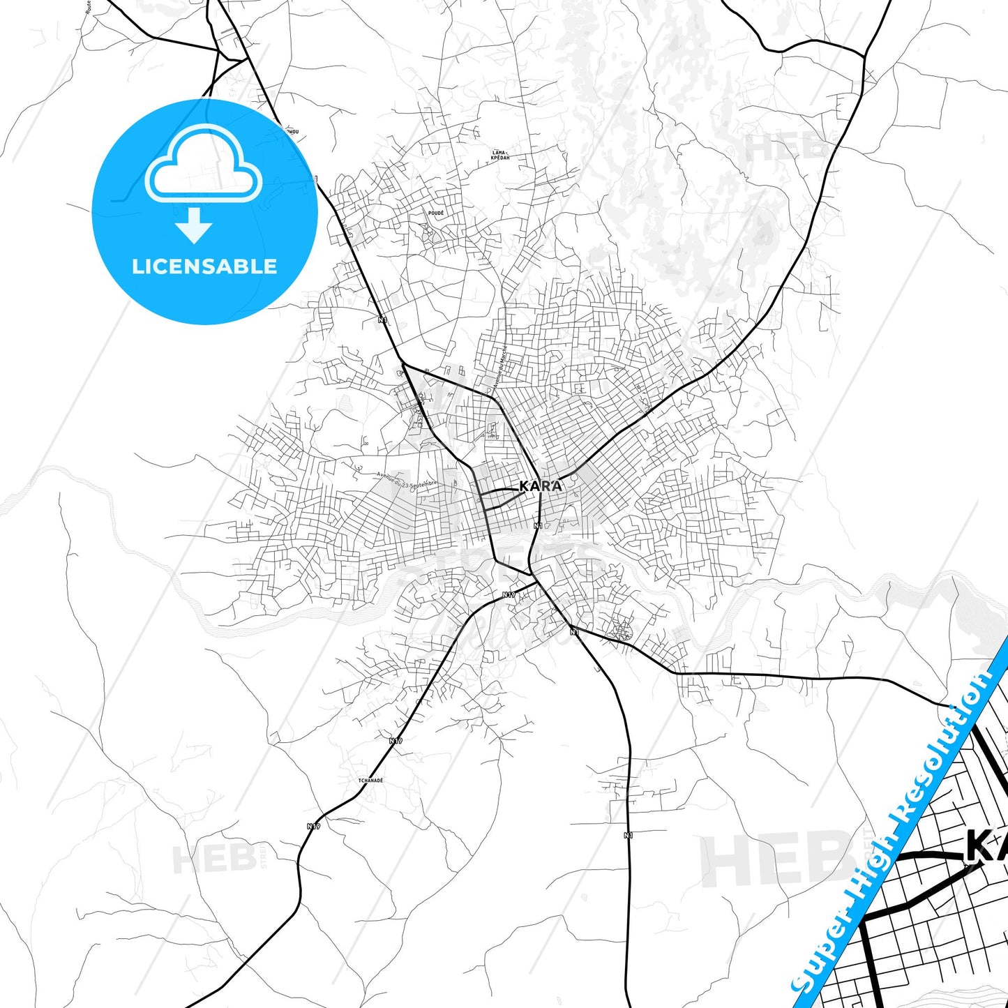 Kara, Togo Light Map with Street Names, City Names, and Districts