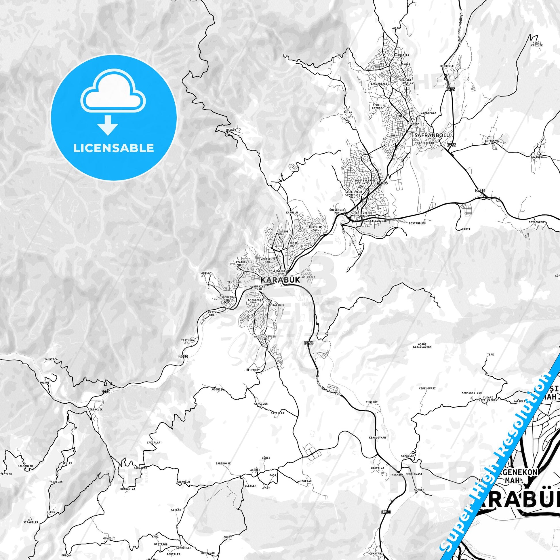 Karabük, Turkey light map with streetnames, citynames and districts