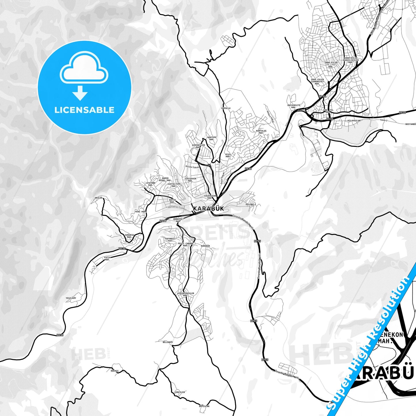 Karabük, Turkey Light Map with Street Names, City Names, and Districts