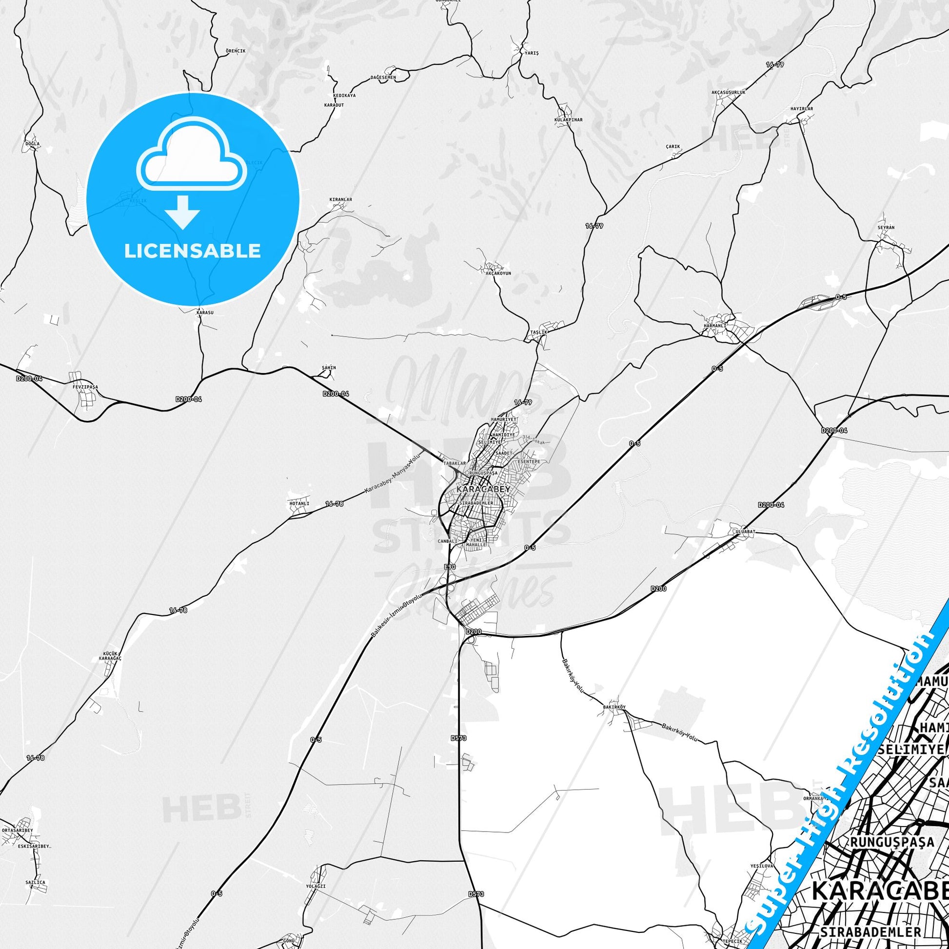 Karacabey, Turkey light map with streetnames, citynames and districts