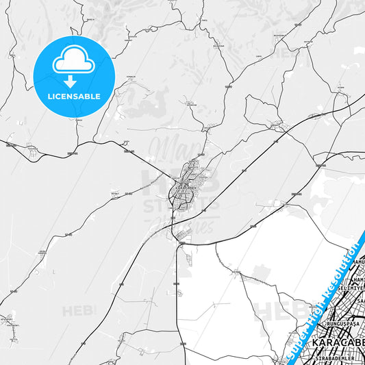 Karacabey, Turkey light map with streetnames, citynames and districts