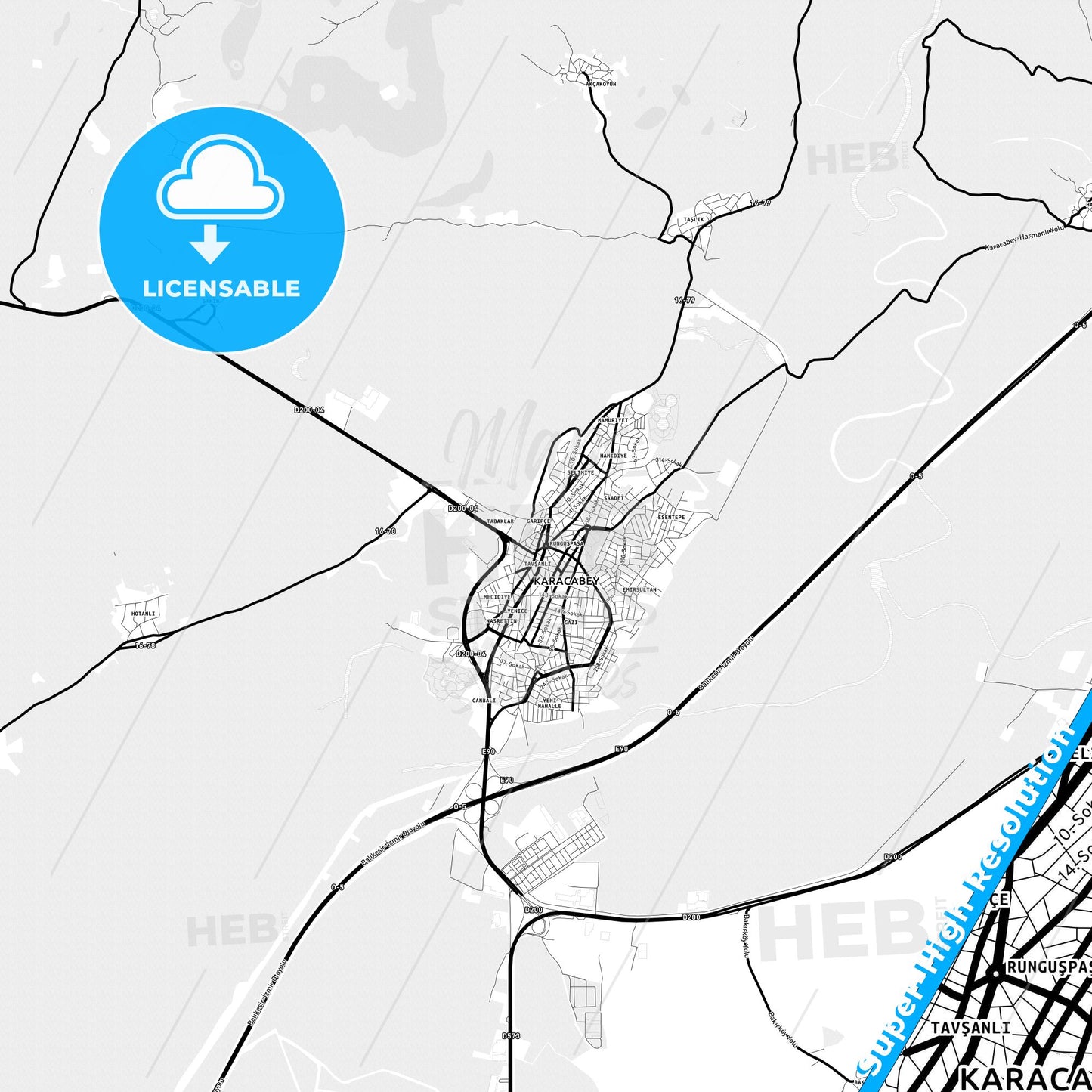 Karacabey, Turkey Light Map with Street Names, City Names, and Districts