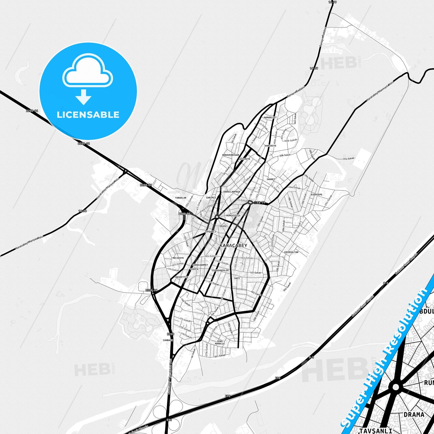 Karacabey, Turkey Light Map with Street Names, City Names, and Districts