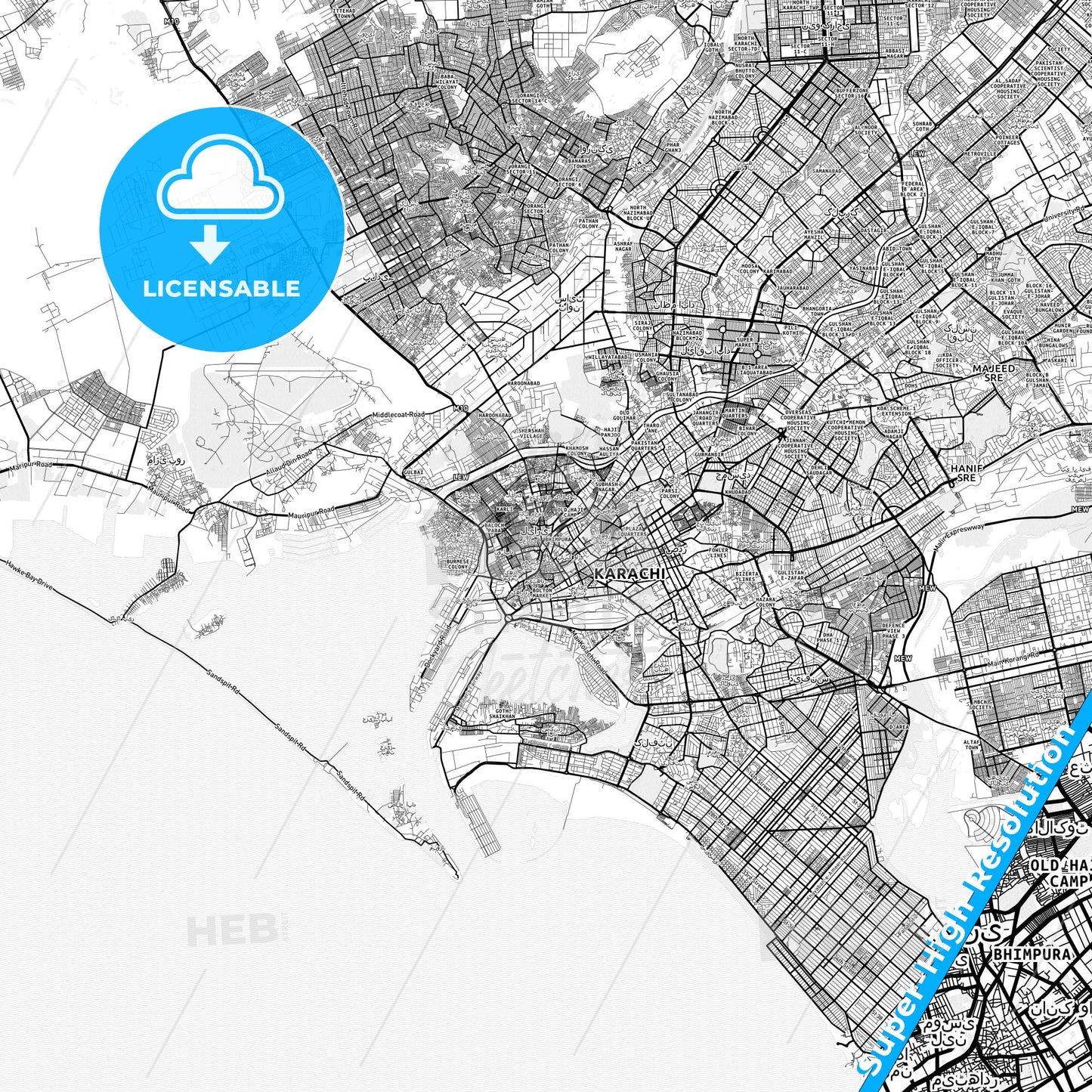 Karachi, Pakistan light map with streetnames, citynames and districts