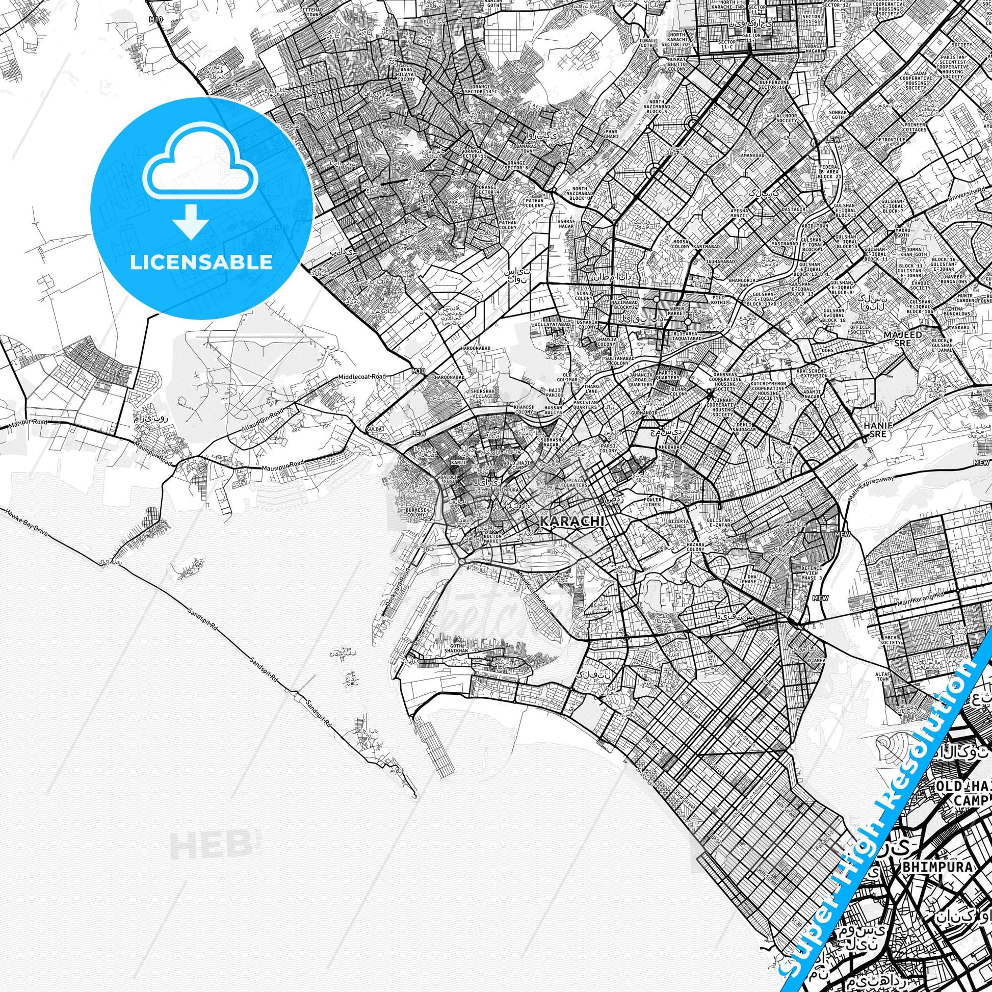 Karachi, Pakistan light map with streetnames, citynames and districts