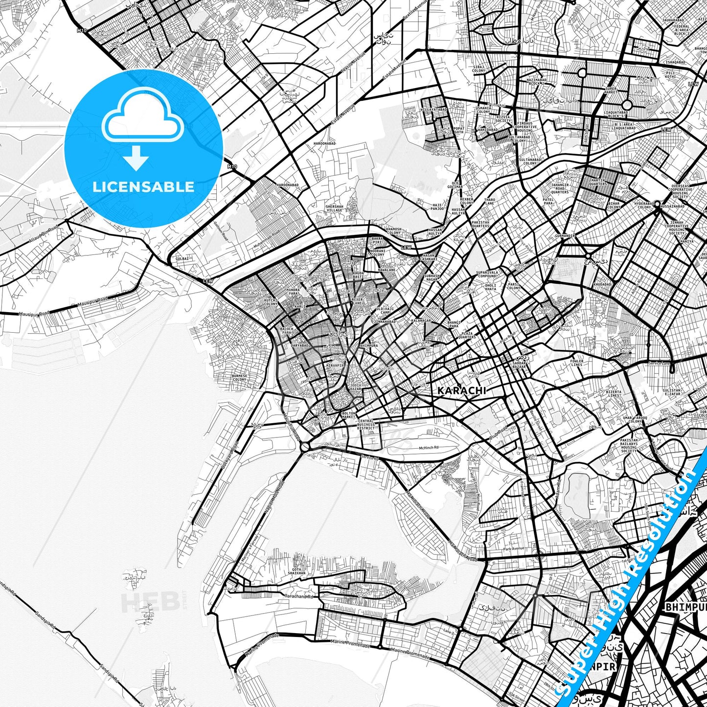 Karachi, Pakistan Light Map with Street Names, City Names, and Districts