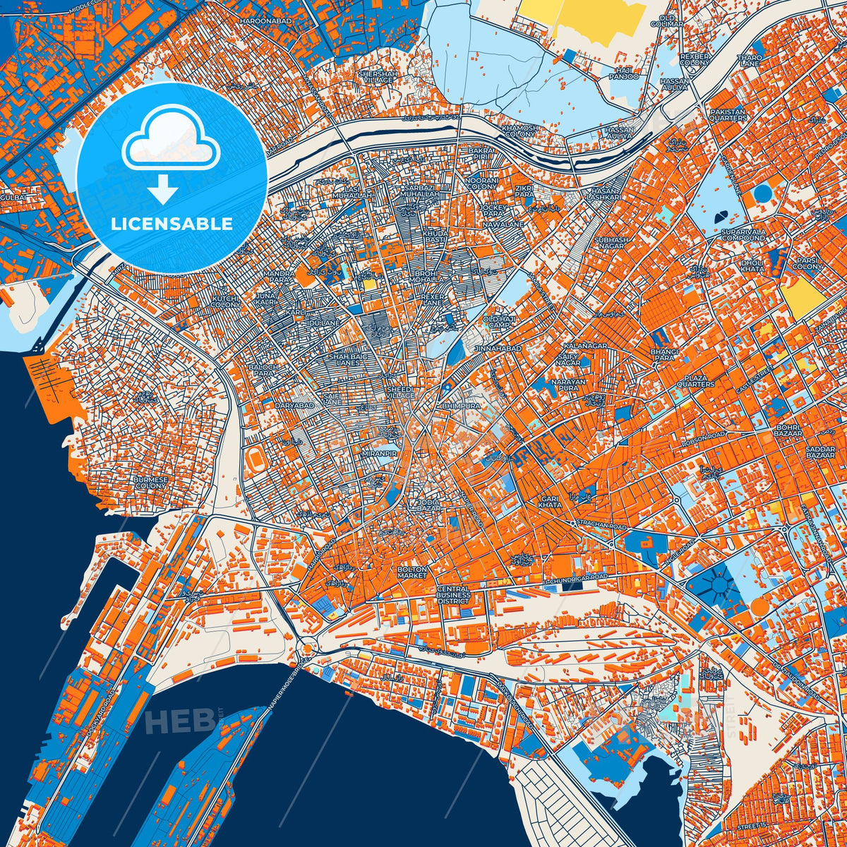 Colorful Karachi Street Map with Labels and Buildings