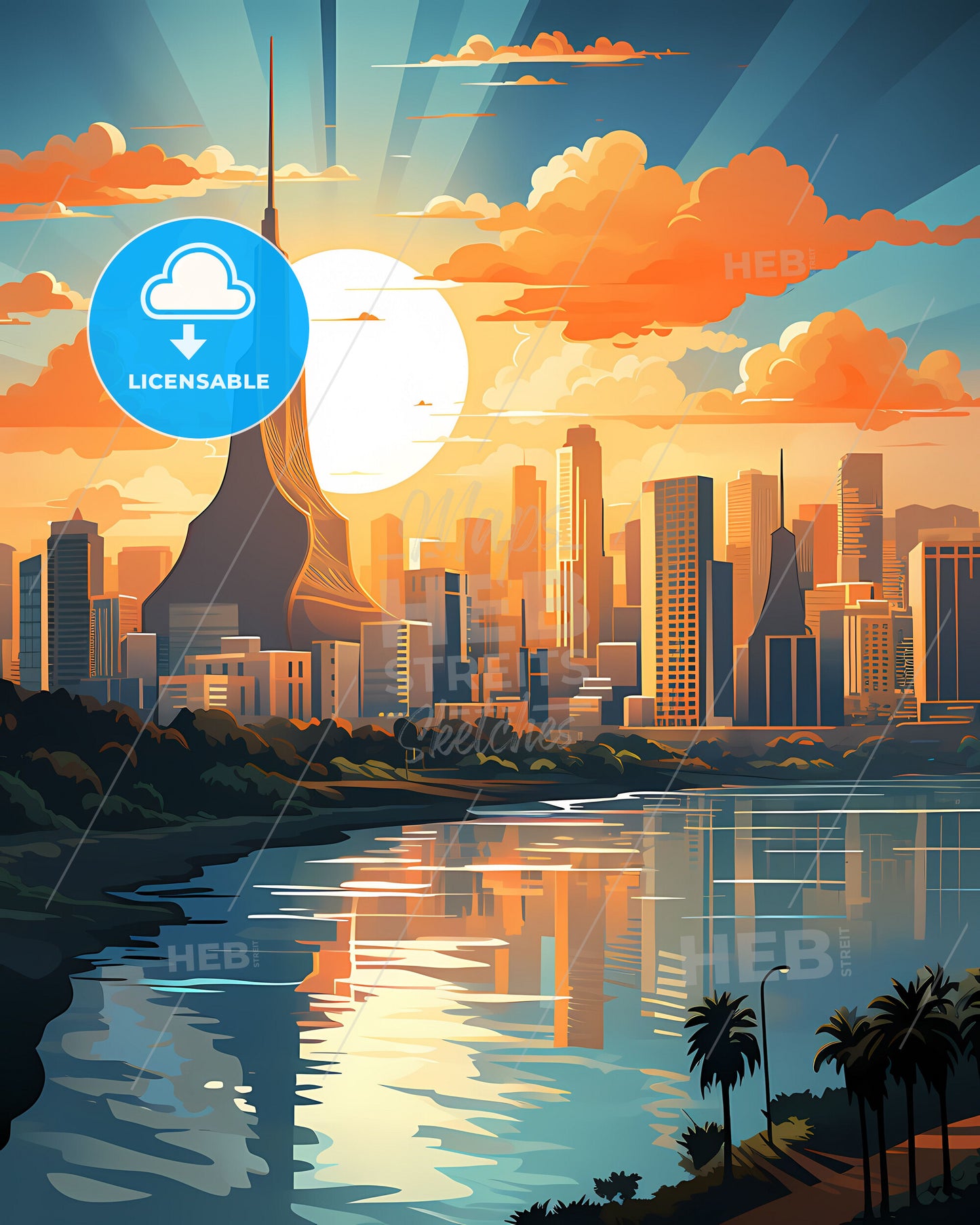 Vibrant Artistic City Skyline of Karachi Pakistan with River and Trees