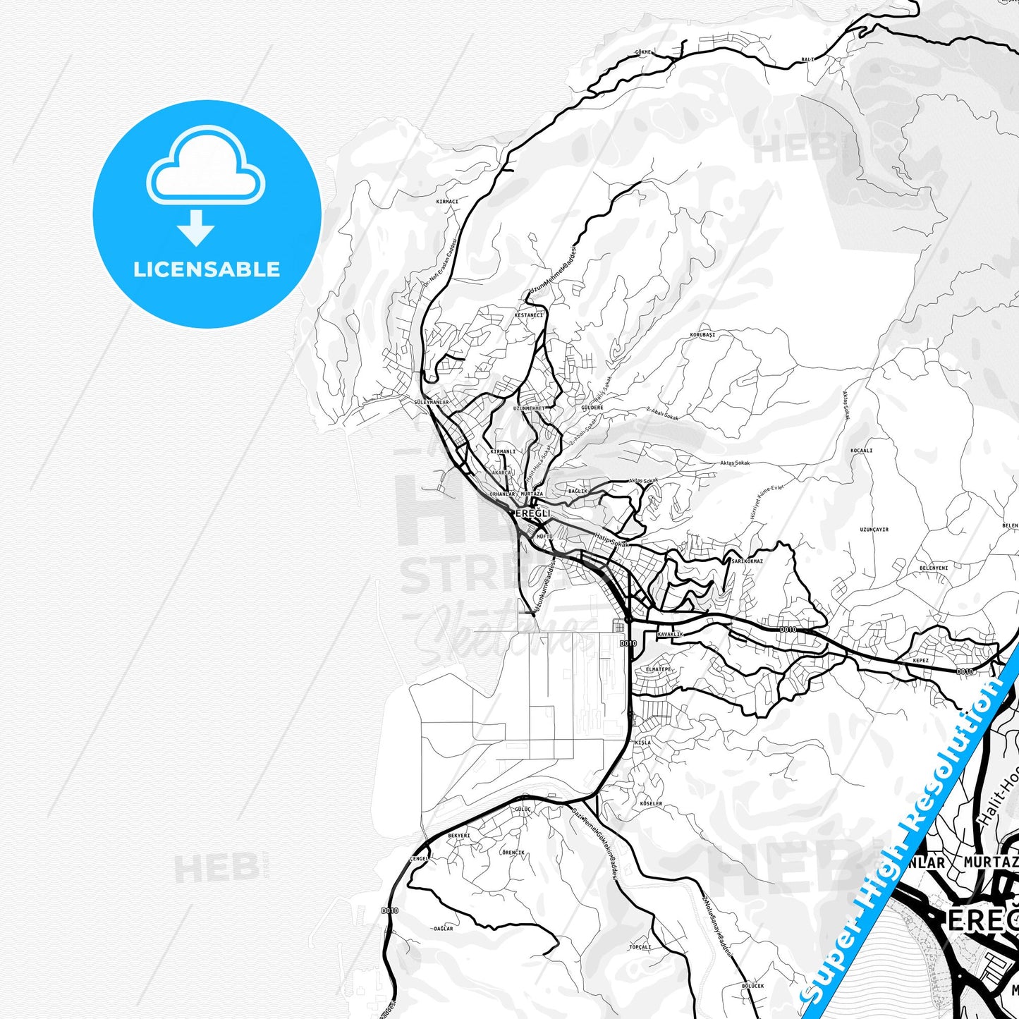 Karadeniz Ereğli, Turkey Light Map with Street Names, City Names, and Districts