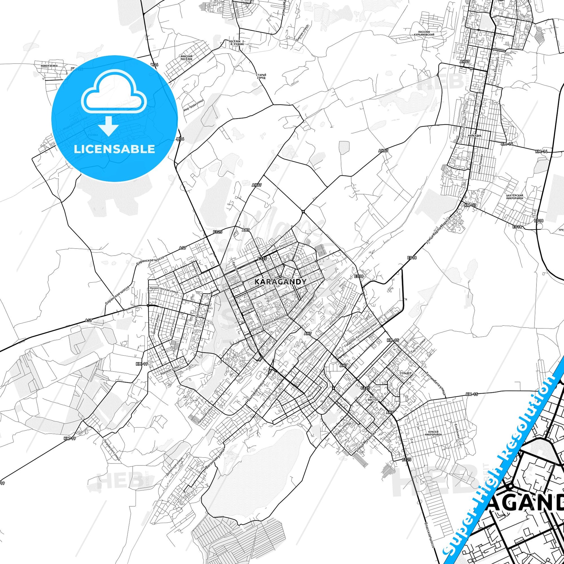 Karagandy, Kazakhstan light map with streetnames, citynames and districts