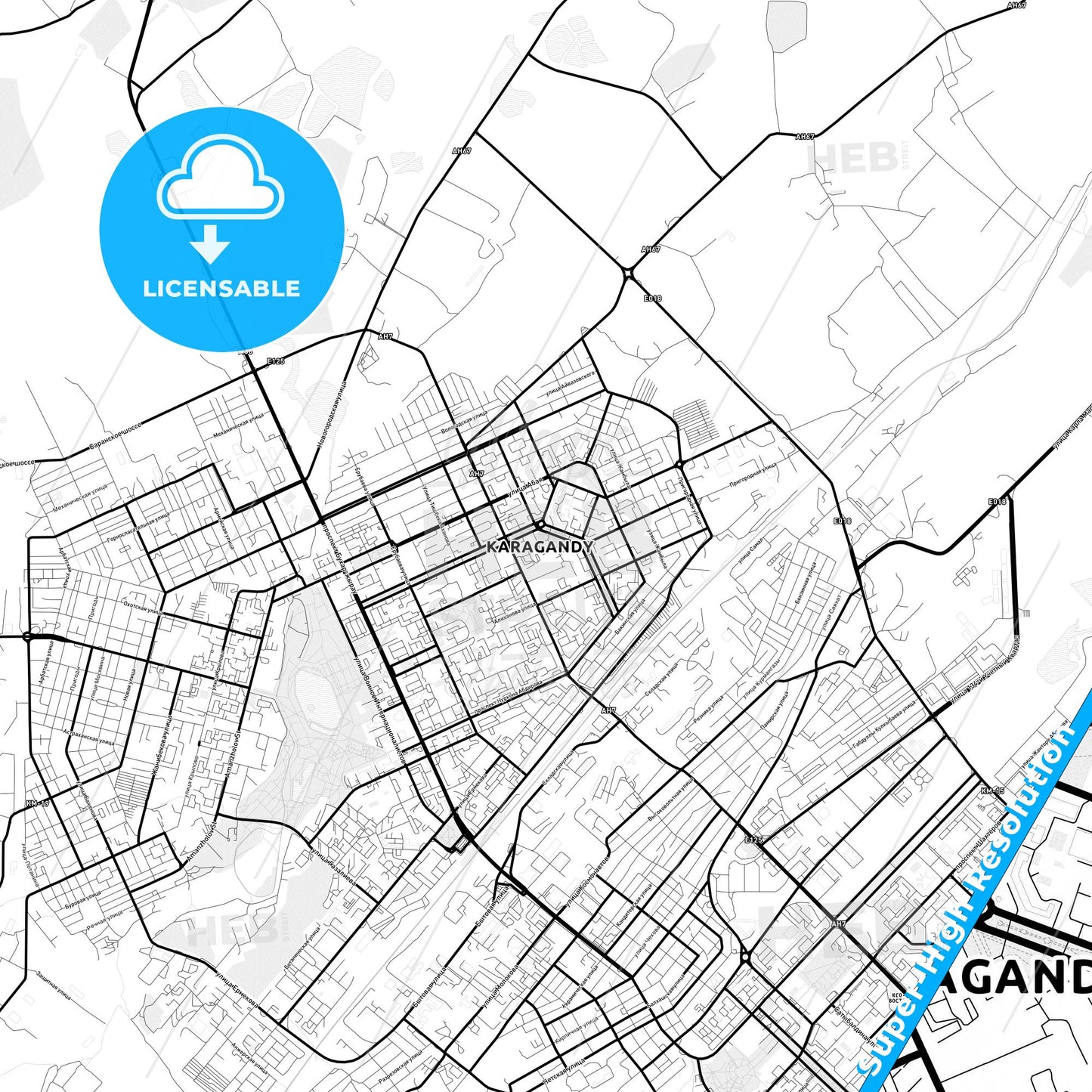 Karagandy, Kazakhstan Light Map with Street Names, City Names, and Districts